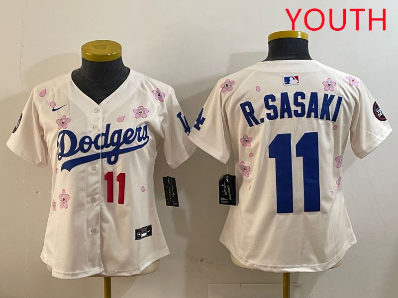 Youth Los Angeles Dodgers #11 R.Sasaki Cream Sakura Edition 2025 Nike MLB Jersey style 7->youth mlb jersey->Youth Jersey